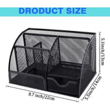 Bureau-organizer, gaas metalen kantoorplank met pennenhouders en lade, 6 sorteervakken voor pennen, pennenhouder, multifunctionele organisator (zwart)