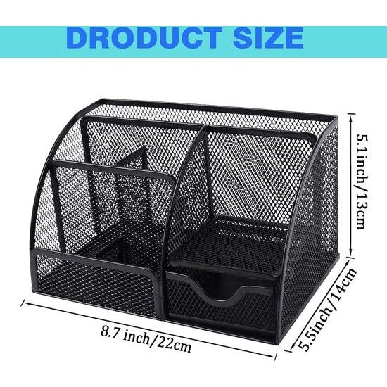 Bureau-organizer, gaas metalen kantoorplank met pennenhouders en lade, 6 sorteervakken voor pennen, pennenhouder, multifunctionele organisator (zwart)