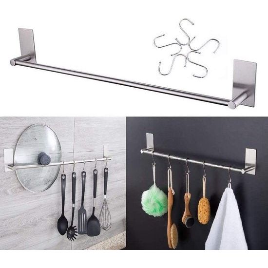 Towel Rail 5 Hooks No Drilling Kitchen Rail Hanging Rail Self-Adhesive Towel Holder Bathroom and Kitchen No Drilling Stainless Steel 40 cm (2)