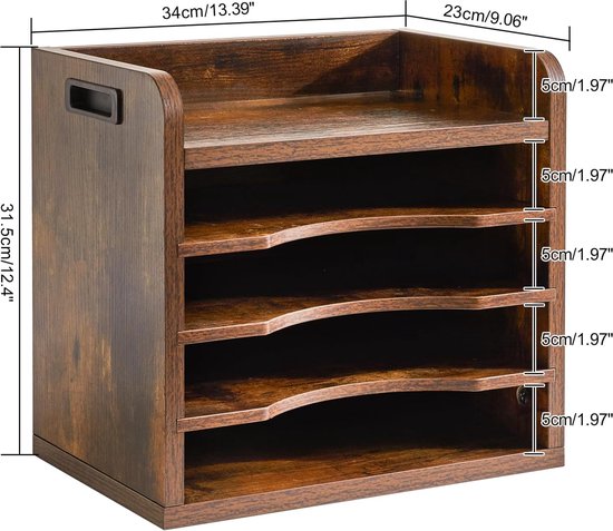 Houten bureaublad, 4 niveaus in het vak, A4-formaat, archiefhouder, magazijn, organizer, papieropslag, kantoor, bureau, netjes aktenhouder, rek, bruin
