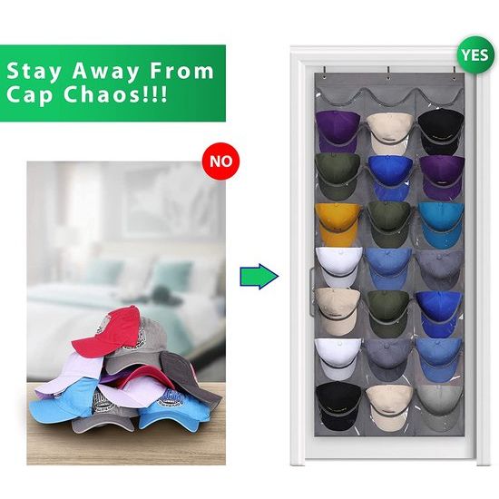 Baseball pethouder organizer hangt achter de deur, pethouder met transparante diepe vakken, hoedenhanger met 24 vakken, hoedenopbergtas met metalen haken (donkergrijs)