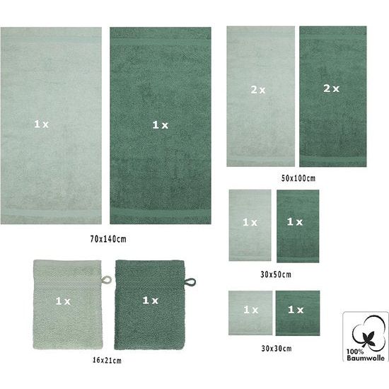 set van 12 badstoffen handdoeken, 2 x badhanddoeken, 4 x handdoeken, 2 x gastendoekjes, 2 x washandjes, kleur hoogren/dennengroen