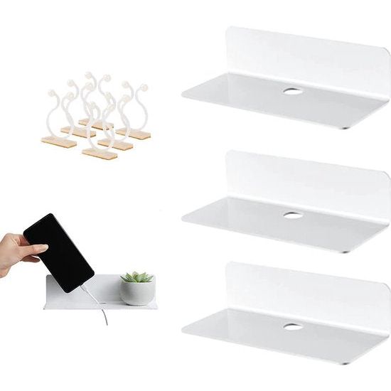 Set van 3 wandplanken, met 6 Kabelklemmen, Zwevende Acrylplank, wandplanken voor slaapkamer, badkamer, keuken, woonkamer, kantoor, speelkamer (Wit)