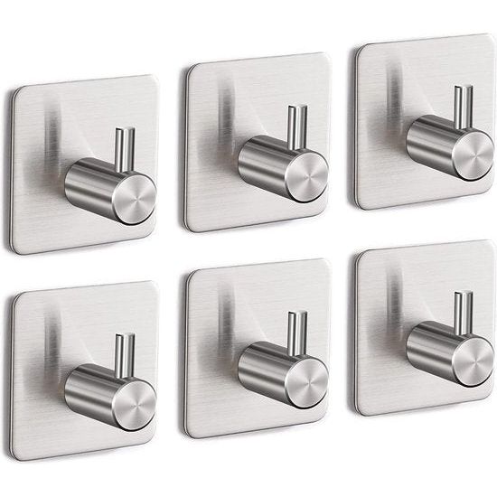 6 stuks handdoekhouders zilver extra sterk, haken kleefhaken zonder boren, 6 stuks, zelfklevende haken, duurzame wand- en montage, roestvrij, zilver 6 stuks