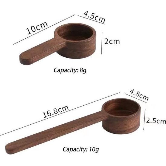 Maatlepel van hout, 2 stuks houten schepset, Zwart walnoothout, koffiemaatlepel, meelschep, utility maatlepel voor meel, theeblad/koffiebonen/snoeppen/specerijen (8 g & 10 g capaciteit)