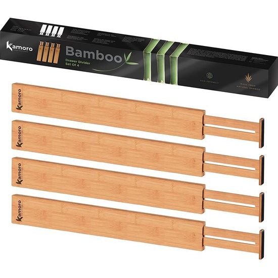 Kamoro Ladeverdeler van natuurlijk bamboe, set van 4, met veer voor een stevige grip en meubelv0riendelijke uiteinden, verstelbare lade-organizer tussen 44 en 56 cm, houtkleur