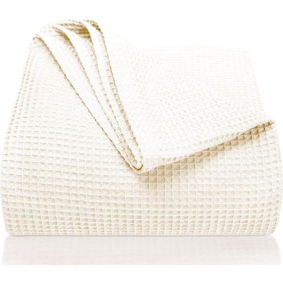 Premium sprei 150 x 200 cm - wafelpiqué 100% katoen - lichte zomerdeken met wafellook - katoenen deken als bedsprei, banksprei, bankdeken, bankdeken (crème)