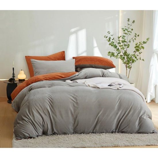 Pluizig beddengoed, 135 x 200 cm, grijs, oranje, winter, pluche, flanel, fleece, omkeerbaar beddengoedset, warme kasjmier touch, flanel, dekbedovertrek met ritssluiting en 1 kussensloop 80 x