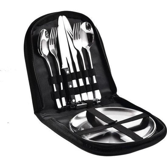 Campingbestekset Barbecuebestek Reisbestek met lepel, mes, vorken, wijnopener en bord voor 1-2 personen - Perfect voor buiten wandelen Campingbarbecuefeest