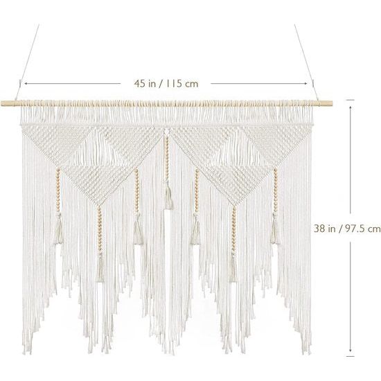 d Groot macramé wandtapijt, boho geweven wandtapijt met houten kralen, Boheemse kwastjes, wandtapijt, esthetisch, wanddecoratie, gordijn voor slaapkamer en woonkamer, 115 x 97,5 cm