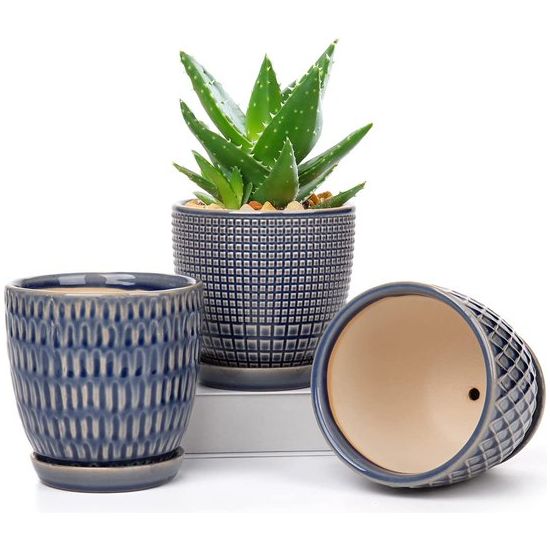 keramische plantenpotten 3 set ronde, sappige pot klein met afvoergat en keramische schaal voor vetplanten, cactus, indoor, outdoor, tuin, thuis, vensterbank, diameter 11,2 cm