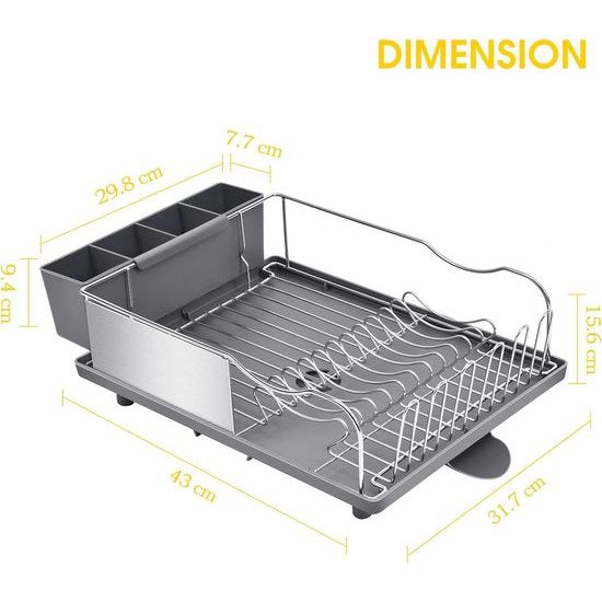 Afdruiprek, roestvrijstalen afdruiprek met antiroestframe, 2 richtingen uitloop afdruiprek ontwerp, verwijderbare 4 compartimenten gebruiksvoorwerphouder voor keuken, grijs