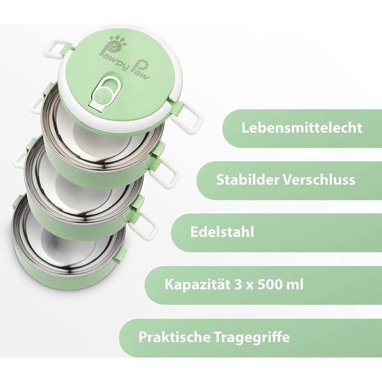 Reisvoerbak van roestvrij staal, set van 3, 1500 ml (3 x 500 ml, 3 x ca. 300 g), hondenbak voor onderweg, draagbare voederbak, praktische reisbak voor buiten en dagelijks gebruik