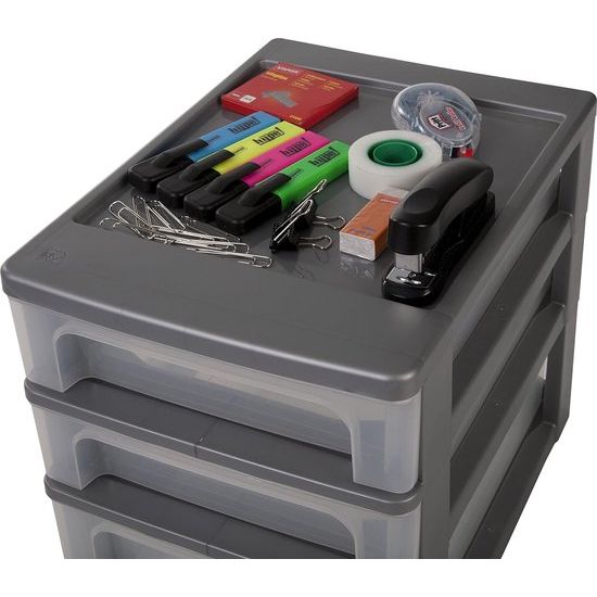 Drawer Cabinet, Drawer Cabinet, 3 Drawers (2 x 4L + 1 x 7L), A4 Format, Clear Drawers, Office, Living Room Organiser Chest Black