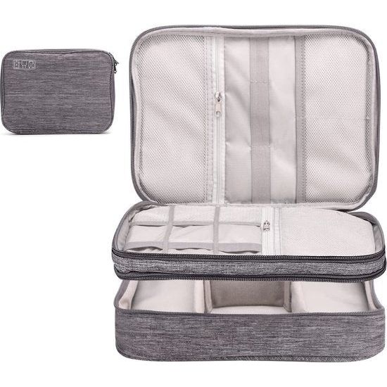 Kabeltas, elektronische organizertas, draagtas voor reisgadgets, dubbellaags etui voor elektronica-accessoires voor kabels, oplader, adapter, muis, oplaadkabel (grijs, 20211006, 28 x 21 x 9 cm), grijs, zakorganizer