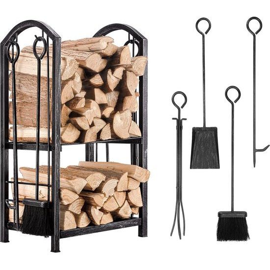 Brandhoutrek met 4 open haardgereedschappen 74 x 40 x 30 cm brandhoutstandaard voor binnen en buiten gebruik brandhouthouder houten plank voor open haard kachel bestek smeedijzer antiek zilver