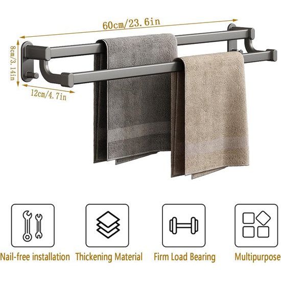 Towel Rail No Drilling - Wall Towel Holder with 2 Hooks - Self-Adhesive Towel Rail 60 cm Towel Holder Double Arms - Wall Mounted Towel Rack for Bathroom Kitchen (60 cm)