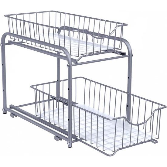 Keukenorganiser, 2 uittrekbare laden voor kasten, stapelbare lade-organiser, voor keuken, badkamer, zilver KCS017E01