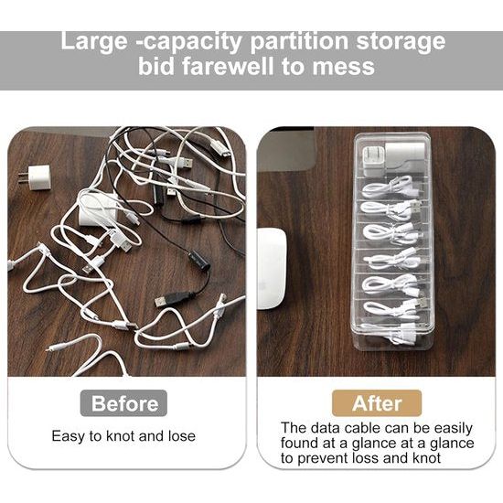 Kabelopbergdoos, 2 stuks kabelorganizerbox met deksel, 8 vakken met 30 kabelbinders, transparante kabelmanagementbox voor bureau, opslag, kantoor, thuisgebruik