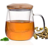 Theemok met zeef, glazen theekop met bamboedeksel, 420 ml, theemok van borosilicaatglas, transparante theekop voor thee, bloeiende thee, theezak, hittebestendig, voor thuis en op kantoor
