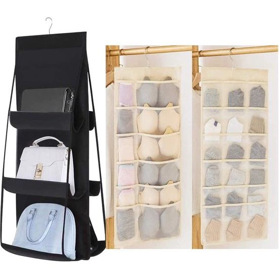 Linseray ondergoed Organizer Opknoping Handtas Opslag, Linseray Handtas Organizer Opknoping Met 6 Compartimenten Tas Houder (Beige + Zwart)