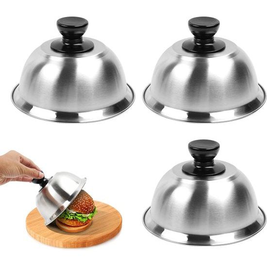 3 stuks roestvrij stalen hamburgerkappen 16 x 9 cm, burgerbel met anti-verbrandingsgreep, burgerklokken burgercover voor cheeseburger barbecue steak