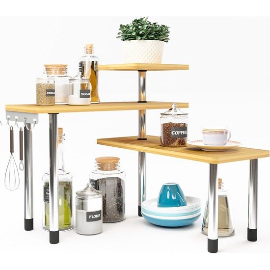 Hoekrek met 3 etages, keuken, werkblad, bamboe, keukenhoek, werkblad, organizer, boekenkast, display, planken, ruimtebesparend, instelbaar, voor woonkamer, keuken, kantoor