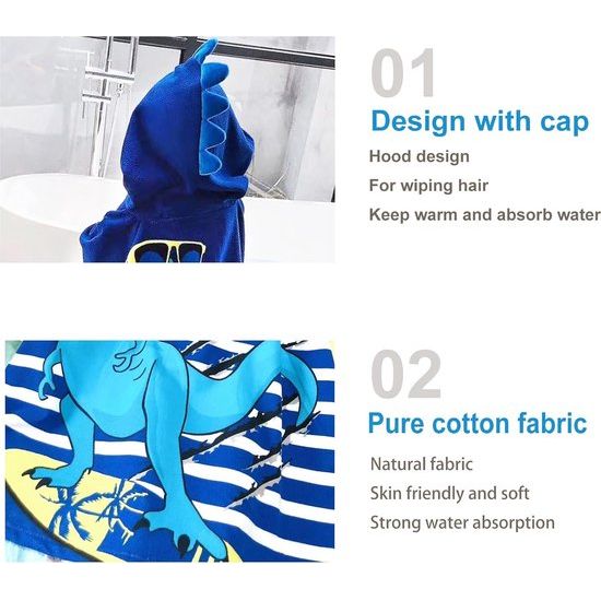 Badponcho met capuchon, kinderponchohanddoek, strandhanddoeken met capuchon voor baby's, cartoon absorberende strandhanddoek voor kinderen, kinderbadhanddoek met capuchon voor strandzwemdouche (blauwe dinosaurus)