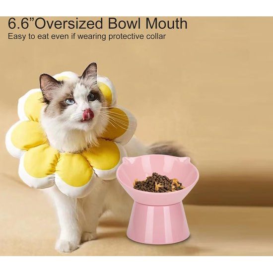 Kattenbak, kattenvoerbak, verhoogd met 15° kanteling, anti-braken kattenbakken voor voedsel en water, roze