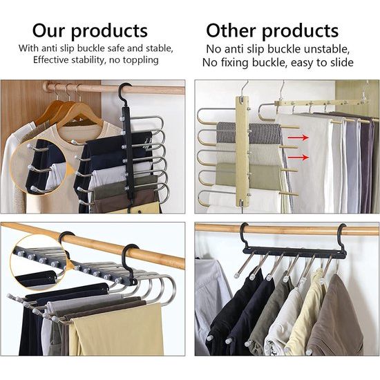 Kledingbroekhanger, ruimtebesparende kasthanger, 6 lagen, 2 toepassingen, multifunctionele broeken, opbergrek, kledingkast, organizer, rekken voor kleding, broeken, sjaals, stropdassen (zwart, 2 stuks)