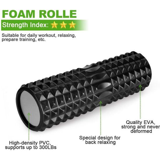 5-in-1, foamroller, met rollerstick en massageballen voor fasciatraining van de Spieren, Zwart