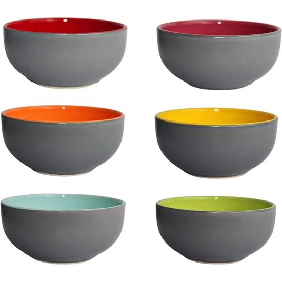 Muesli-kommen in bonte kleuren, set van 6, gekleurd, kleine snackkommen voor tapas, dessert, snackkom, kleurrijke decoratieve schalen, gekleurde keramische schalen (450 ml)