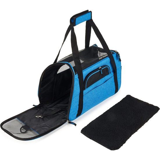 Transportbox voor honden en katten, opvouwbaar, waterdicht, met schouderriem, zacht gevoerd, voor reizen in het vliegtuig, auto of trein, voor huisdieren (blauw, L: 47 x 23 x 28 cm)