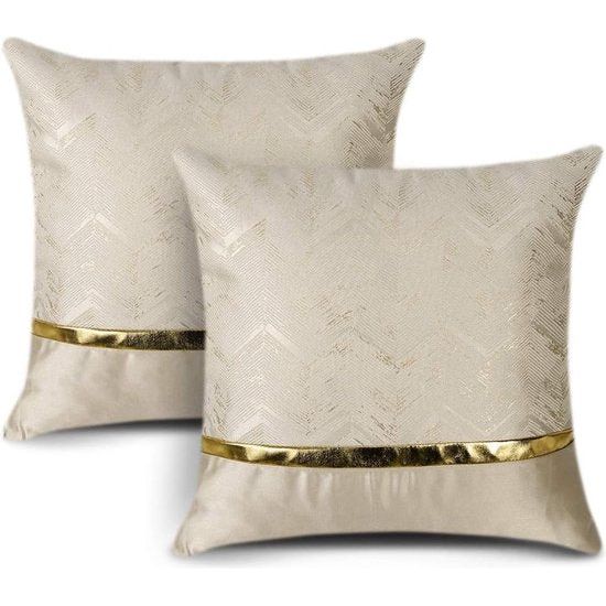 Set van 2 kussenslopen voor bank/auto/slaapkamer luxe moderne minimalistische gouden lederen stiksels, golvende streep decoratieve kussensloop 45 x 45 cm (beige)