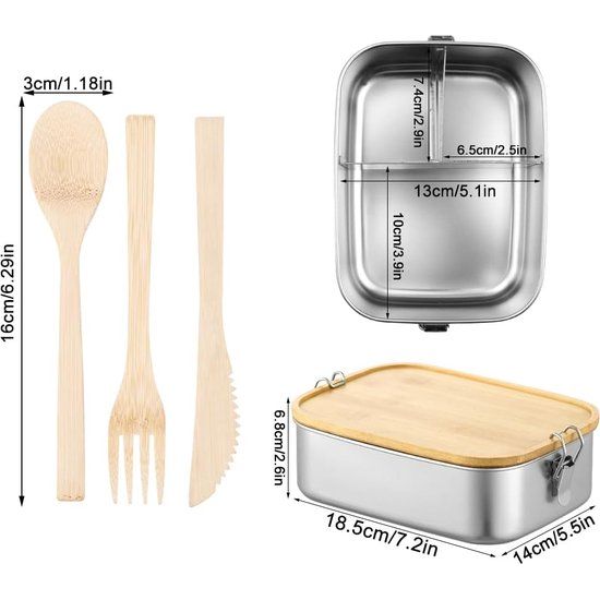 Broodtrommel van roestvrij staal, 1200 ml, metaal, met houten deksel, broodtrommel met 3 vakken, bestek met staafjes, vorken en lepels, geschikt voor picknick, werk, school