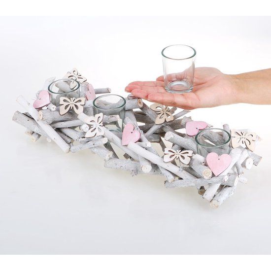 Kandelaar van hout - theelichthouder met vlinders en harten - houten lichtschaal - modern kaarsbord als tafeldecoratie - decoratief windlicht (kandelaar-wit)