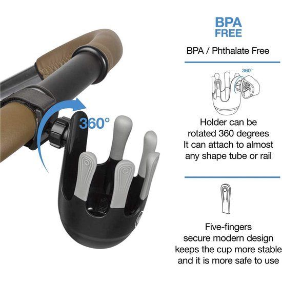 Drankhouder voor kinderwagen en buggy, bekerhouder, flessenhouder, babyflessenhouder, flessenhouder met 360° scharnier, anti-slip bevestiging en klittenbandsluiting