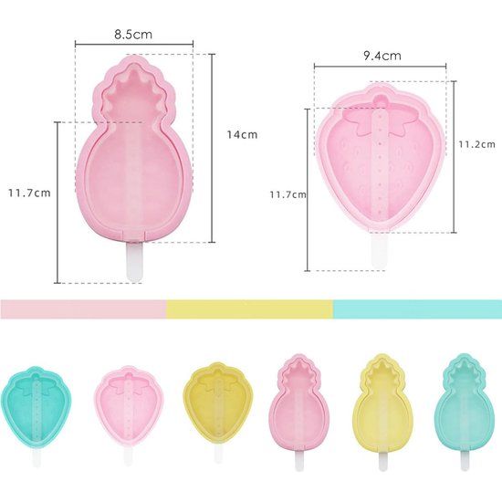 Set van 6 siliconen ijsvormpjes, stapelbare ijsvormpjes, diverse kleuren, ijsvormpjes, set BPA-vrije ijsvormpjes met deksel, ijsvormpjes (3 ananas + 3 aardbei)