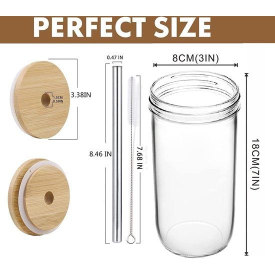 720 ml Bubble Tea mok inmaakglas glazen bekers set van 2 drinkglas met rietje en anti-schimmel bamboedeksel, brede hals Iced Coffee glas, vruchtensapbeker, Mason Glas Tumbler Cup Boba Tea glas