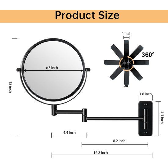 Make-upspiegel, 1 x / 10 x vergroting, diameter 20 cm, 360 graden, dubbelzijdig uittrekbare scheerspiegel, ronde arm, make-upspiegel voor badkamer, zwarte roestvrijstalen spiegel voor dames, meisjes