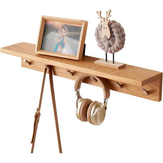Coat Rack 70 cm, Coat Hook with 6 Hooks, Wall Coat Rack with Shelf, Wall Shelf, Solid Oak Floating Shelf, Wooden Wall for Bedroom, Living Room, Kitchen, Coats