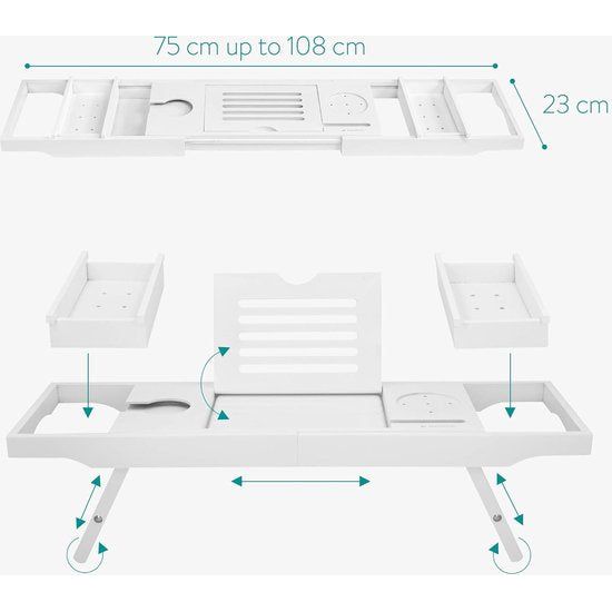 Bamboe badkuiprek, ontbijtdienblad, uittrekbaar, boekenplank, wijnglashouder - dienblad voor badkuip en bed - van hout in wit