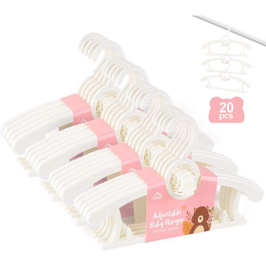 20 stuks groeiende kinderkleerhangers, ruimtebesparend, met stapelbare berenhaken, antislip, hangers voor baby ' s en peuters, Wit