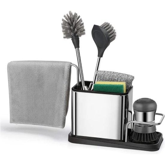 Spoelbak-organizer, roestvrij staal, met sponshouder, spoelbak - opslag spoelaccessoires met sponshouder keuken - afwasorganizer veilig en vaatwasmachinebestendig - gootsteen caddy