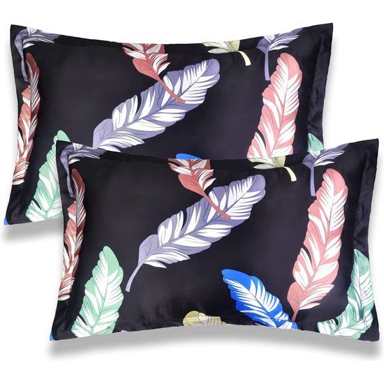 Kussensloop van 100% satijn Standaardformaat (76 x 50 cm) Goed voor haar en huid Bladpatroon Zachte luxe envelop Set van 2 (zwart)