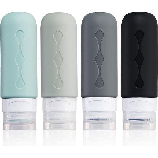 Siliconen reisflessen, 90 ml, set van 4 stuks, lekvrije reiscontainers en toiletartikelen, FDA goedgekeurde navulbare vloeistofcontainer voor shampoo, crème, spoeling en lichaamsverzorging, zwart