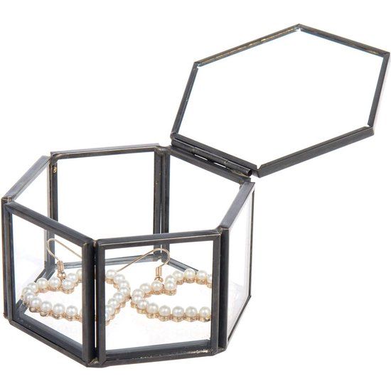 Glazen juwelendoos, geometrische ringdoos, opslag, decoratie, bloemen, sieraden voor woonkamer, Moederdag, bruiloft, 8 x 7 x 4,5 cm (zwart)