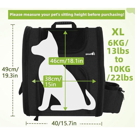 Pet Backpack with Mesh Window, Portable and Foldable Cat Bag, Breathable and Lightweight Dog Bag, Waterproof Oxford Cloth with Lots of Space, Multifunctional Non-Slip Black, XL