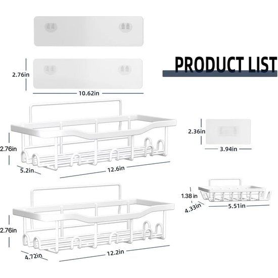 Doucheplank zonder boren, 3 stuks badkamerrek, roestvrij, wit, doucheplank voor shampoo en douchegel. Vertaling: Doucheplank zonder boren, 3 stuks badkamerrek, roestvrij, wit, doucheplank voor shampoo en douchegel.