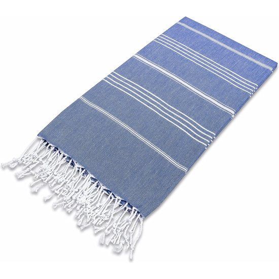 Set van 2 premium hamamdoeken met handgeknoopte franjes, 100% katoen, strandhanddoek, Oeko-Tex 100, groot strandhanddoek, saunahanddoek en reishanddoek, hemelsblauw, 95 x 180 cm